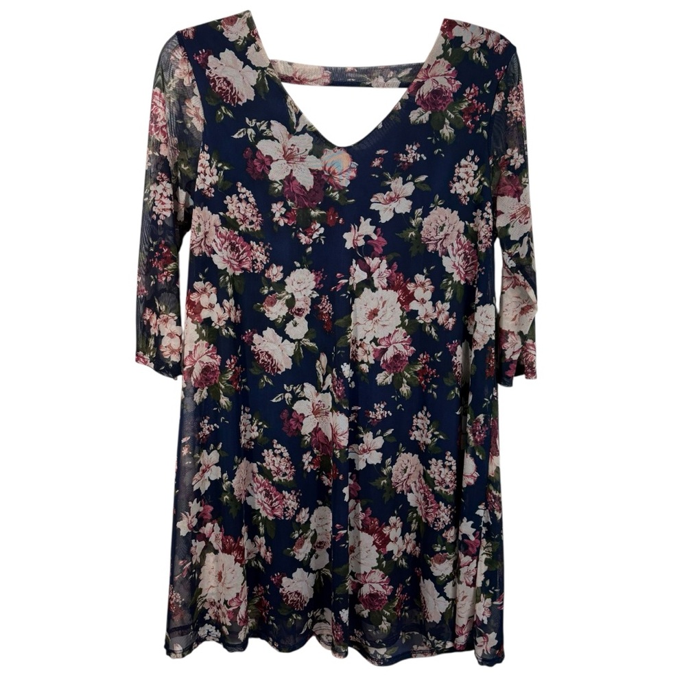Try This! Navy Blue Floral Mesh Long Sleeve Lined Tunic Top Plus Size 1X Cutout